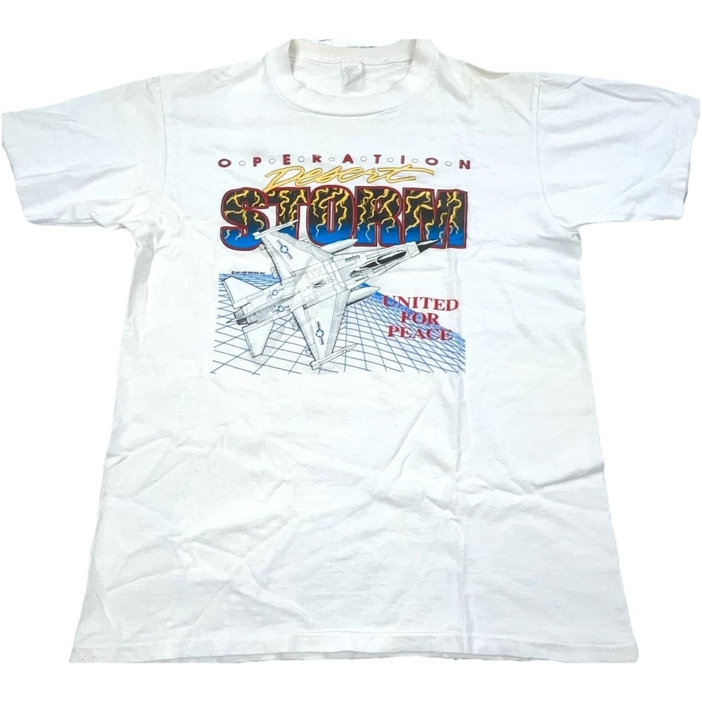 Vintage Desert Storm Shirt Men Large White Tee Single Stitch Faded Stain USA 90s
